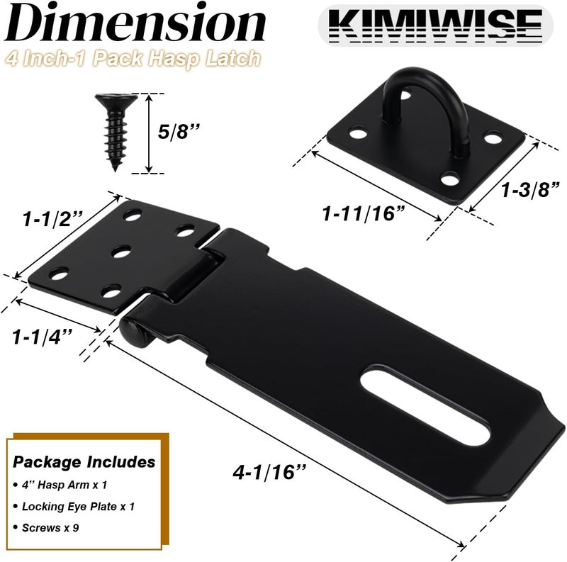 KIMIWISE 4 Inch Door Hasp Stainless Steel Hasp Latch, Heavy Duty Black Padlock for Fence Gates, Doors, and Cabinets, Brushed Surface Finish, 1 Pack - Image 2